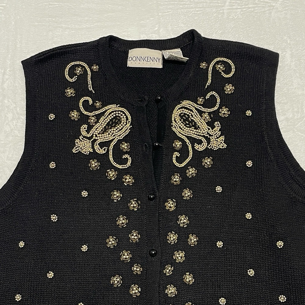 Vtg Donnkenny Embroidered Button Vest Sweater Womens L Beads Pockets Party Y2K - Picture 2 of 11